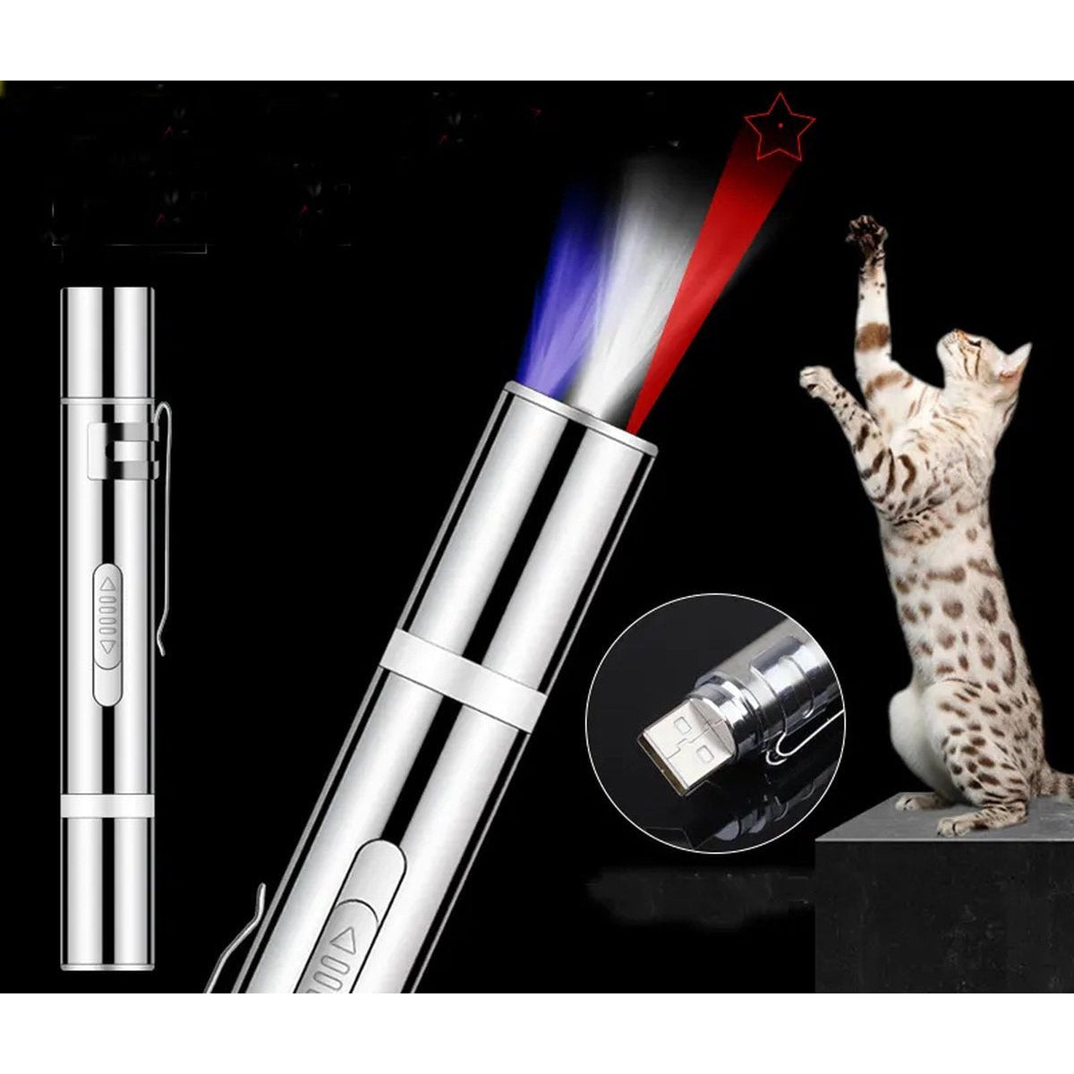 3 in 1 – LED-Laser-Katzenspielzeug – interaktives LED-Lichtspielzeug für Haustiere – wiederaufladbar über USB – inklusive zwei Mausspielzeugen – Laserstift für Hunde und Katzen – mit Taschenlampe und UV-Lichtfunktion – Silber