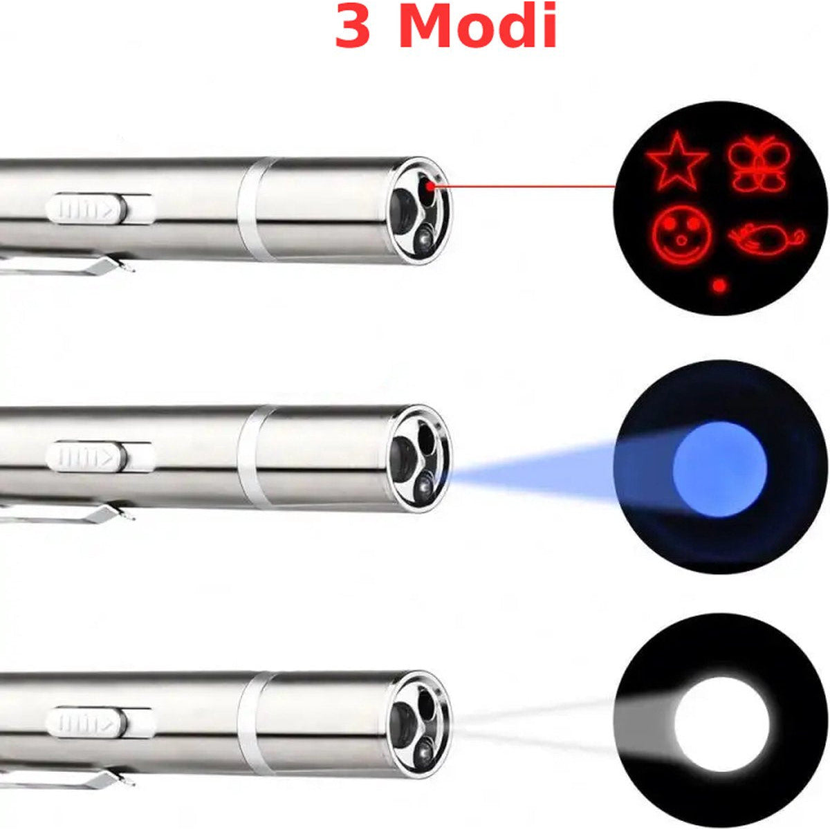 3 in 1 – LED-Laser-Katzenspielzeug – interaktives LED-Lichtspielzeug für Haustiere – wiederaufladbar über USB – inklusive zwei Mausspielzeugen – Laserstift für Hunde und Katzen – mit Taschenlampe und UV-Lichtfunktion – Silber