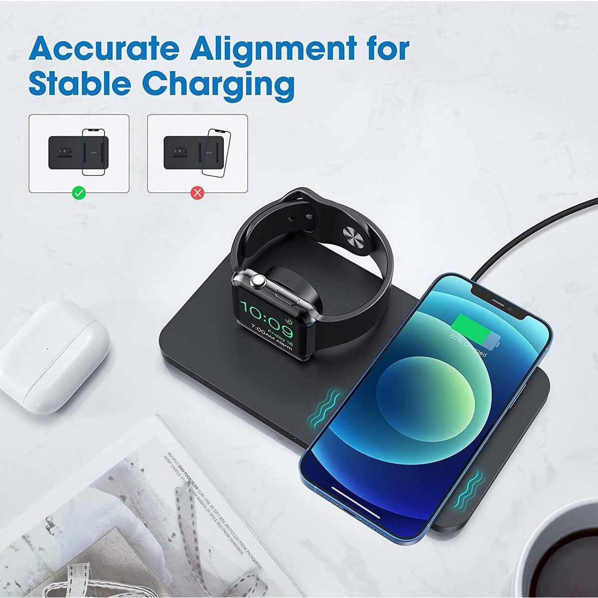Seneo – 2-in-1 kabelloses Ladepad – mobile Dockstation – kabelloses Ladegerät mit iWatch-Ständer – Ladestation – Dockingstation (ohne iWatch-Ladekabel)