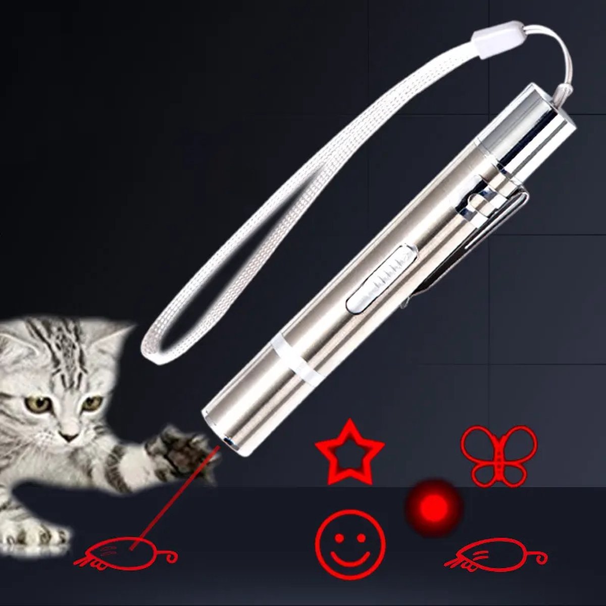 3 in 1 – LED-Laser-Katzenspielzeug – interaktives LED-Lichtspielzeug für Haustiere – wiederaufladbar über USB – inklusive zwei Mausspielzeugen – Laserstift für Hunde und Katzen – mit Taschenlampe und UV-Lichtfunktion – Silber