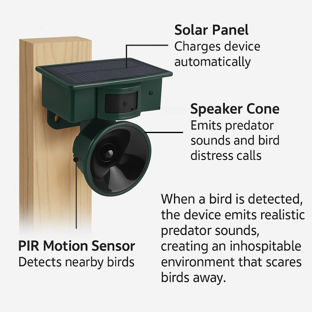 Motion Sensor Bird Deterrent | Effective Pigeon Repeller with Sound Scarer for Gardens & Outdoor Spaces