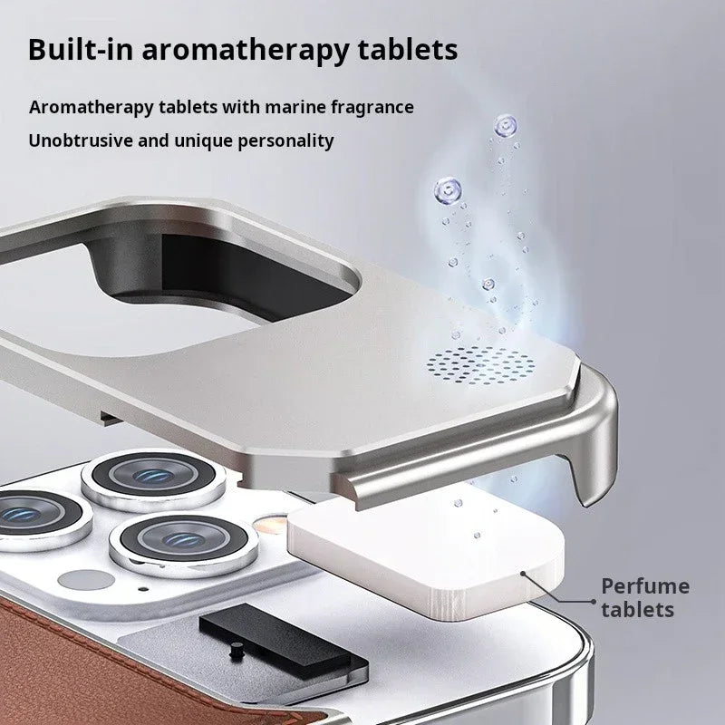 2in1 Aluminiumlegierung Aromatherapie Magnetische Parfümkühlung Leder Handyhülle für iPhone