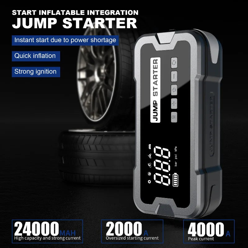 Portable 4-in-1 Jump Starter with Air Pump, Battery Booster, and USB Charger for Cars, Trucks, and Emergency Use