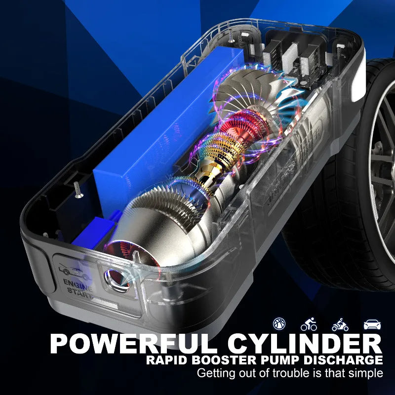Portable 4-in-1 Jump Starter with Air Pump, Battery Booster, and USB Charger for Cars, Trucks, and Emergency Use