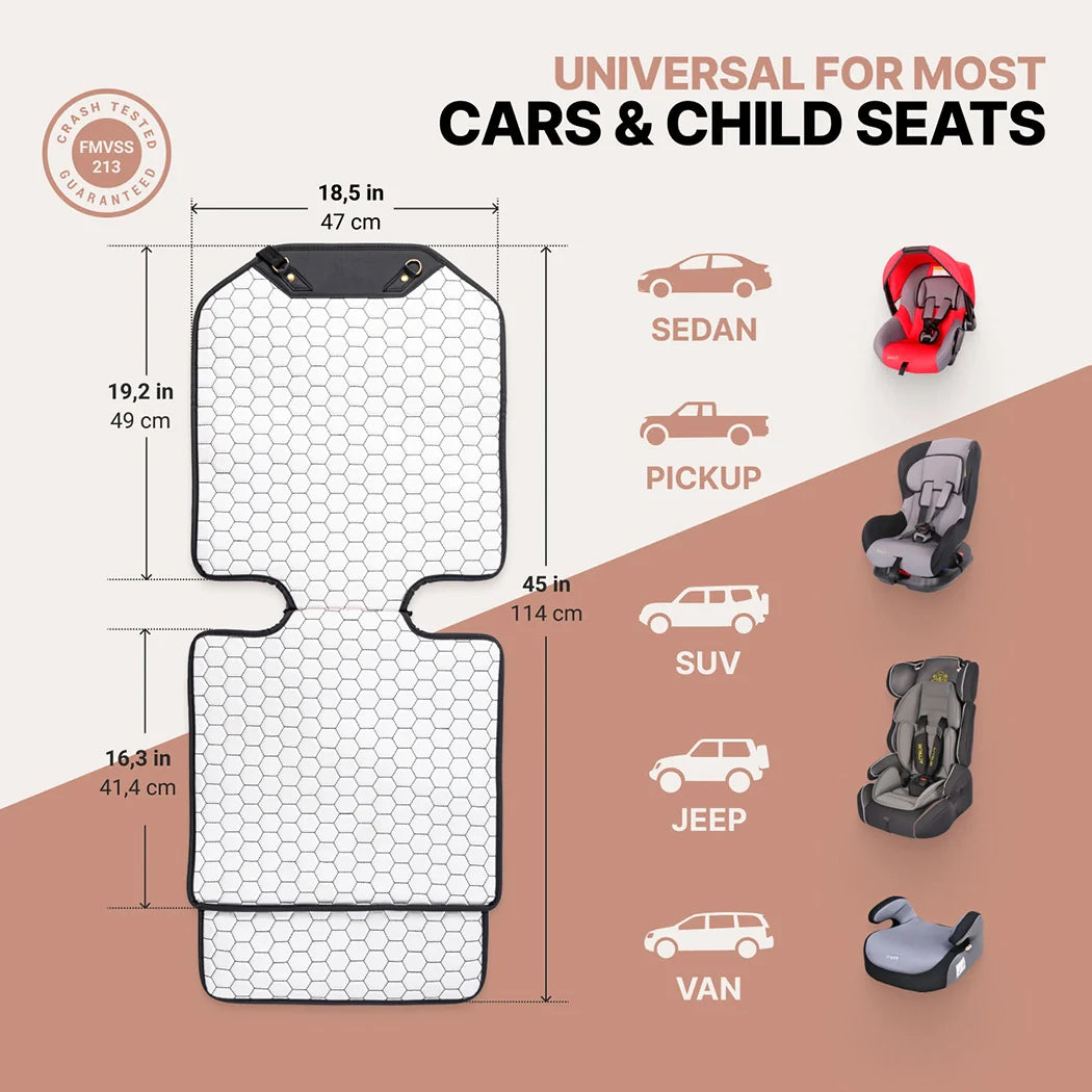 Car Seat Protector Mat | White Hexagonal Design for Parents, Ride-Share Drivers & Luggage Transport