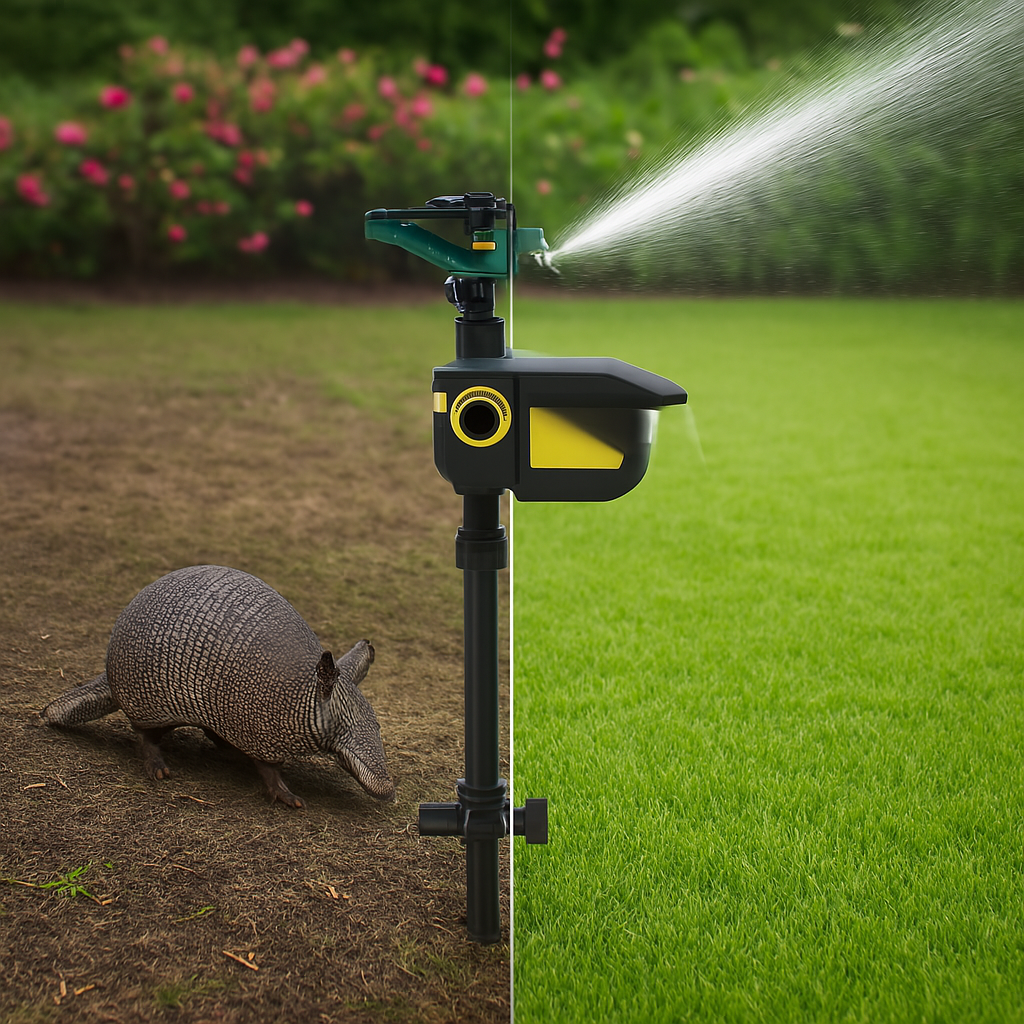 Motion-activated sprinkler with animal sensor for outdoor lawn. Ideal for repelling deer and other pests using water for deterrence.