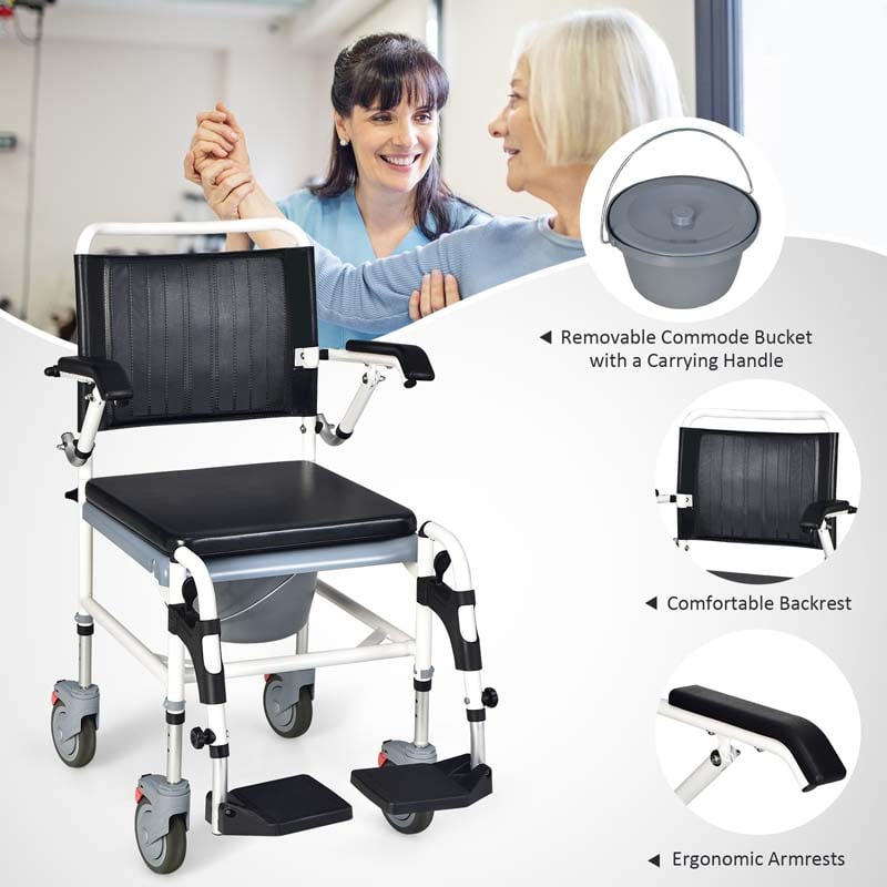4-in-1 Toilettenstuhl & Duschstuhl mit Eimer & Rollen
