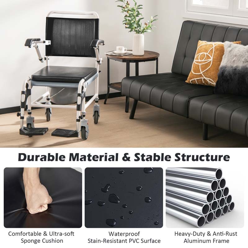 4-in-1 Toilettenstuhl & Duschstuhl mit Eimer & Rollen