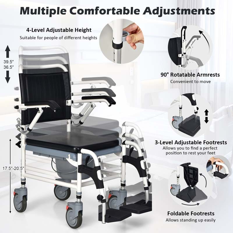 4-in-1 Toilettenstuhl & Duschstuhl mit Eimer & Rollen