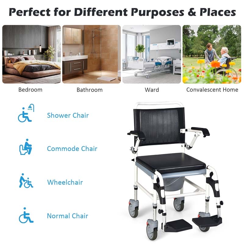 4-in-1 Toilettenstuhl & Duschstuhl mit Eimer & Rollen