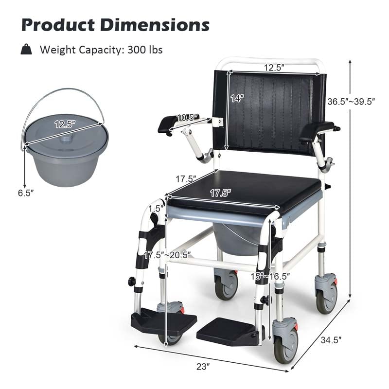 4-in-1 Toilettenstuhl & Duschstuhl mit Eimer & Rollen
