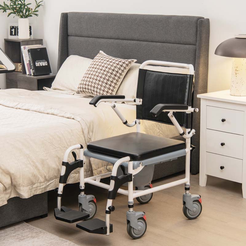 4-in-1 Toilettenstuhl & Duschstuhl mit Eimer & Rollen
