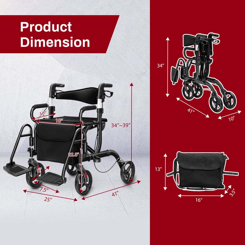 2-in-1 Rollator & Transportrollstuhl – Faltbare Gehhilfe mit Sitz, Fußstützen & 8-Zoll-Rädern für Senioren