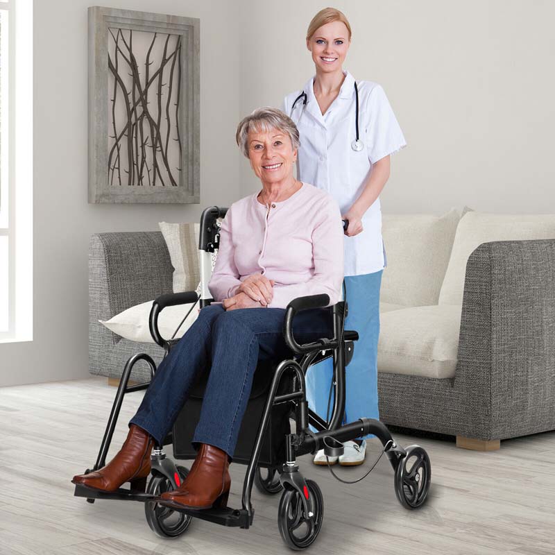2-in-1 Rollator & Transportrollstuhl – Faltbare Gehhilfe mit Sitz, Fußstützen & 8-Zoll-Rädern für Senioren