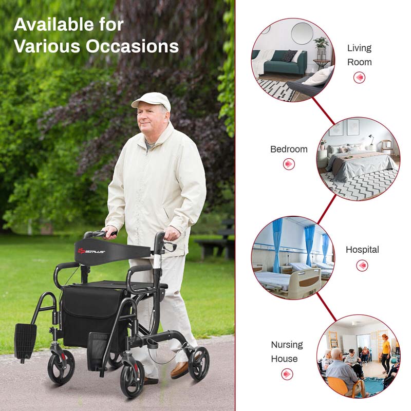 2-in-1 Rollator & Transportrollstuhl – Faltbare Gehhilfe mit Sitz, Fußstützen & 8-Zoll-Rädern für Senioren