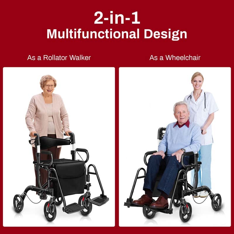 2-in-1 Rollator & Transportrollstuhl – Faltbare Gehhilfe mit Sitz, Fußstützen & 8-Zoll-Rädern für Senioren