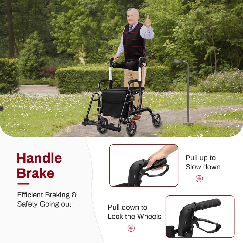 2-in-1 Rollator & Transportrollstuhl – Faltbare Gehhilfe mit Sitz, Fußstützen & 8-Zoll-Rädern für Senioren