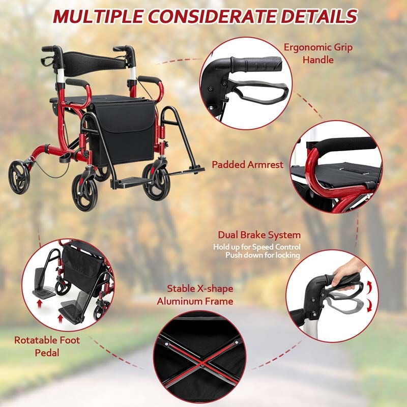 2-in-1 Rollator & Transportrollstuhl – Faltbare Gehhilfe mit Sitz, Fußstützen & 8-Zoll-Rädern für Senioren