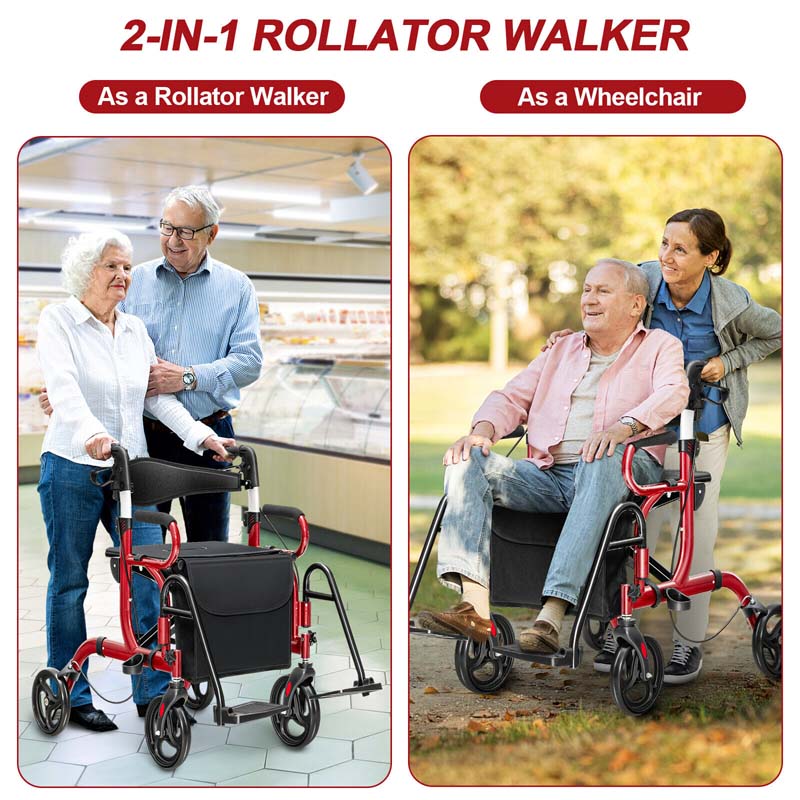 2-in-1 Rollator & Transportrollstuhl – Faltbare Gehhilfe mit Sitz, Fußstützen & 8-Zoll-Rädern für Senioren