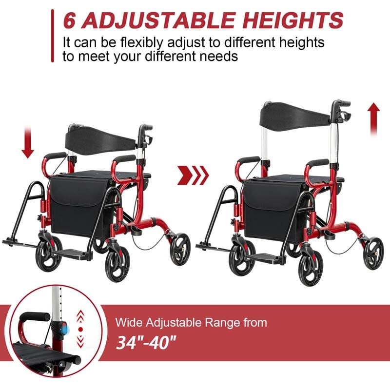 2-in-1 Rollator & Transportrollstuhl – Faltbare Gehhilfe mit Sitz, Fußstützen & 8-Zoll-Rädern für Senioren