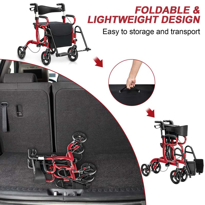 2-in-1 Rollator & Transportrollstuhl – Faltbare Gehhilfe mit Sitz, Fußstützen & 8-Zoll-Rädern für Senioren