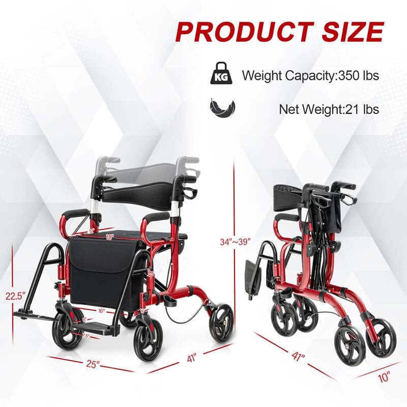 2-in-1 Rollator & Transportrollstuhl – Faltbare Gehhilfe mit Sitz, Fußstützen & 8-Zoll-Rädern für Senioren