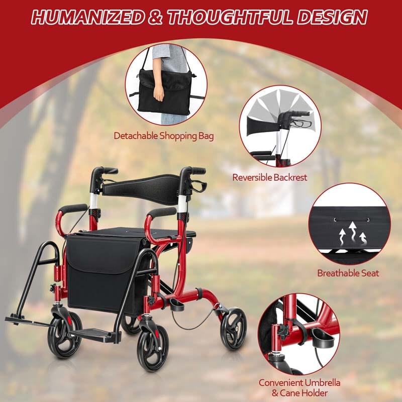 2-in-1 Rollator & Transportrollstuhl – Faltbare Gehhilfe mit Sitz, Fußstützen & 8-Zoll-Rädern für Senioren