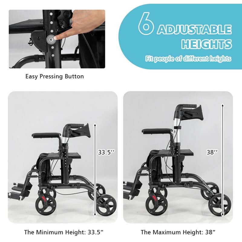 2-in-1 Rollator & Rollstuhl – Faltbare Gehhilfe mit Bremse, Rückenlehne & höhenverstellbarem Griff