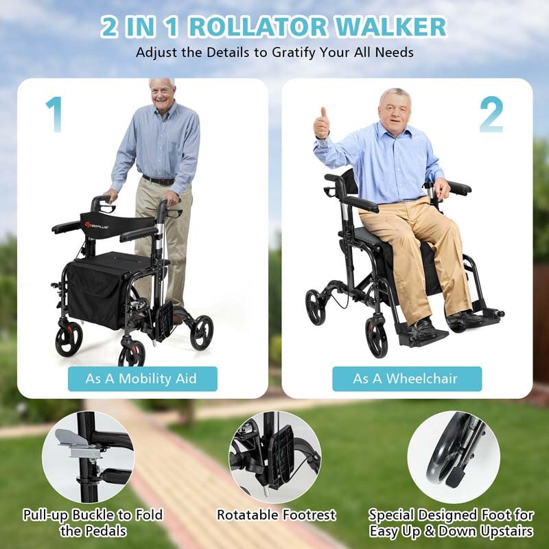 2-in-1 Rollator & Rollstuhl – Faltbare Gehhilfe mit Bremse, Rückenlehne & höhenverstellbarem Griff