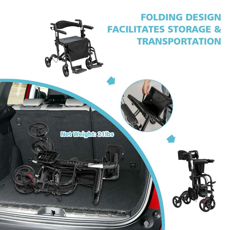 2-in-1 Rollator & Rollstuhl – Faltbare Gehhilfe mit Bremse, Rückenlehne & höhenverstellbarem Griff