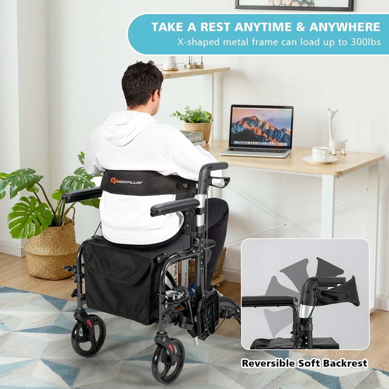 2-in-1 Rollator & Rollstuhl – Faltbare Gehhilfe mit Bremse, Rückenlehne & höhenverstellbarem Griff
