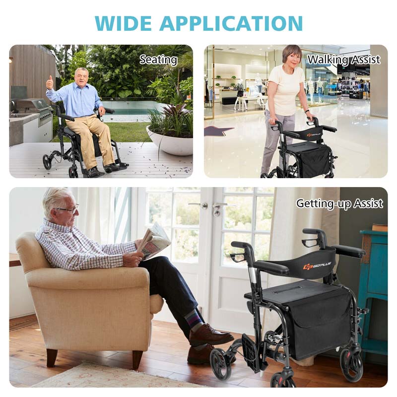2-in-1 Rollator & Rollstuhl – Faltbare Gehhilfe mit Bremse, Rückenlehne & höhenverstellbarem Griff