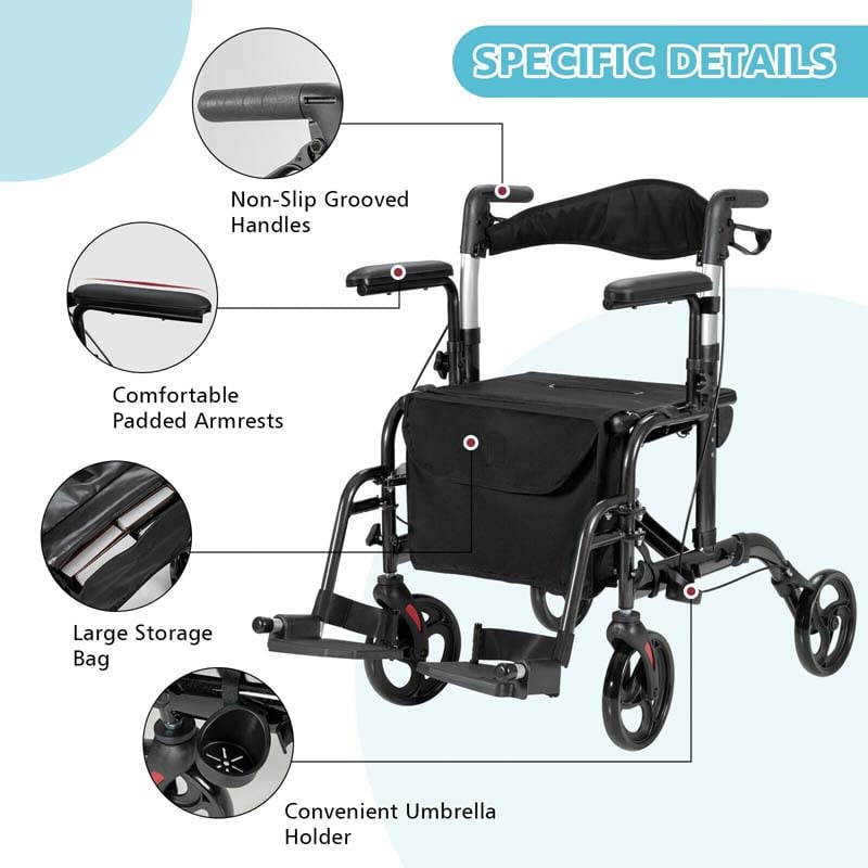 2-in-1 Rollator & Rollstuhl – Faltbare Gehhilfe mit Bremse, Rückenlehne & höhenverstellbarem Griff