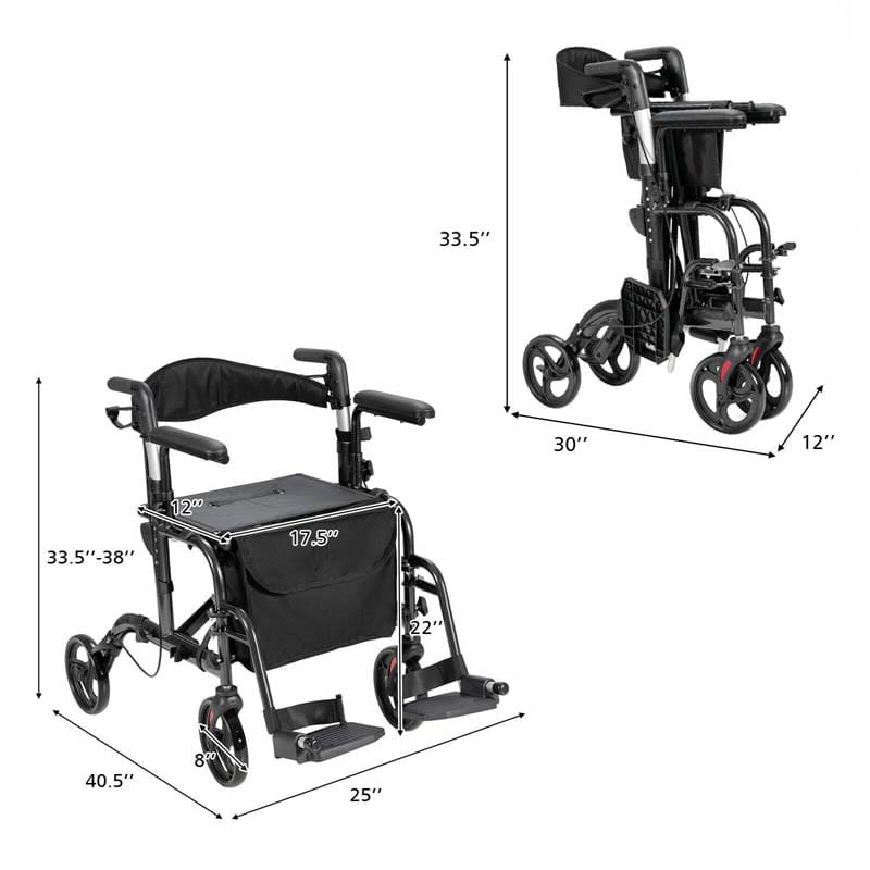2-in-1 Rollator & Rollstuhl – Faltbare Gehhilfe mit Bremse, Rückenlehne & höhenverstellbarem Griff