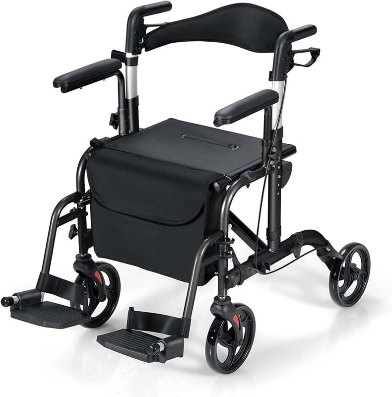 2-in-1 Rollator & Rollstuhl – Faltbare Gehhilfe mit Bremse, Rückenlehne & höhenverstellbarem Griff