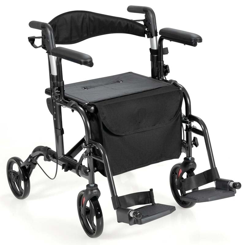 2-in-1 Rollator & Rollstuhl – Faltbare Gehhilfe mit Bremse, Rückenlehne & höhenverstellbarem Griff