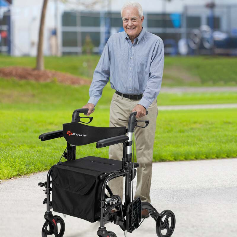 2-in-1 Rollator & Rollstuhl – Faltbare Gehhilfe mit Bremse, Rückenlehne & höhenverstellbarem Griff