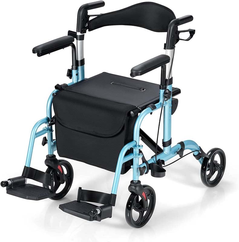 2-in-1 Rollator & Rollstuhl – Faltbare Gehhilfe mit Bremse, Rückenlehne & höhenverstellbarem Griff