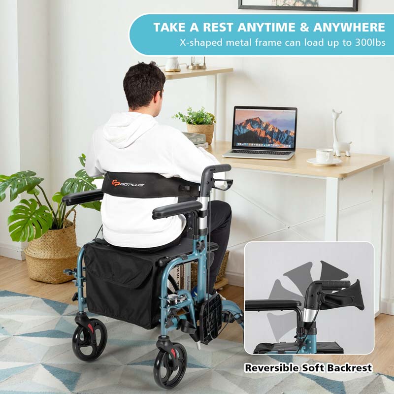 2-in-1 Rollator & Rollstuhl – Faltbare Gehhilfe mit Bremse, Rückenlehne & höhenverstellbarem Griff