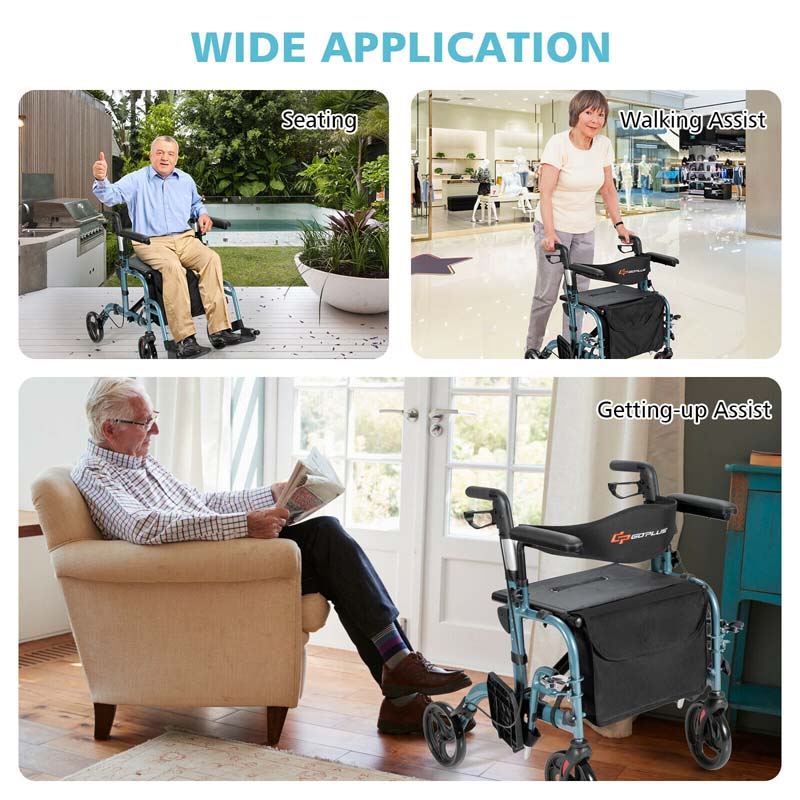 2-in-1 Rollator & Rollstuhl – Faltbare Gehhilfe mit Bremse, Rückenlehne & höhenverstellbarem Griff