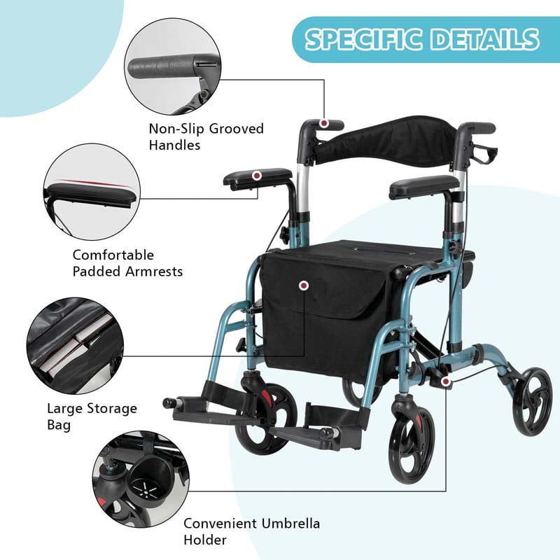 2-in-1 Rollator & Rollstuhl – Faltbare Gehhilfe mit Bremse, Rückenlehne & höhenverstellbarem Griff