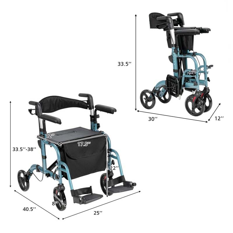 2-in-1 Rollator & Rollstuhl – Faltbare Gehhilfe mit Bremse, Rückenlehne & höhenverstellbarem Griff