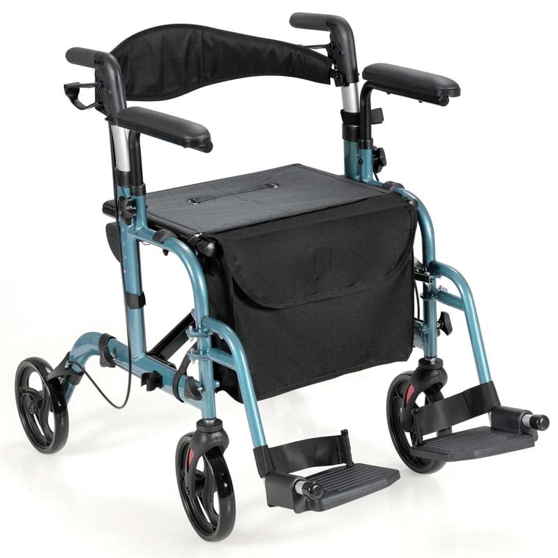 2-in-1 Rollator & Rollstuhl – Faltbare Gehhilfe mit Bremse, Rückenlehne & höhenverstellbarem Griff