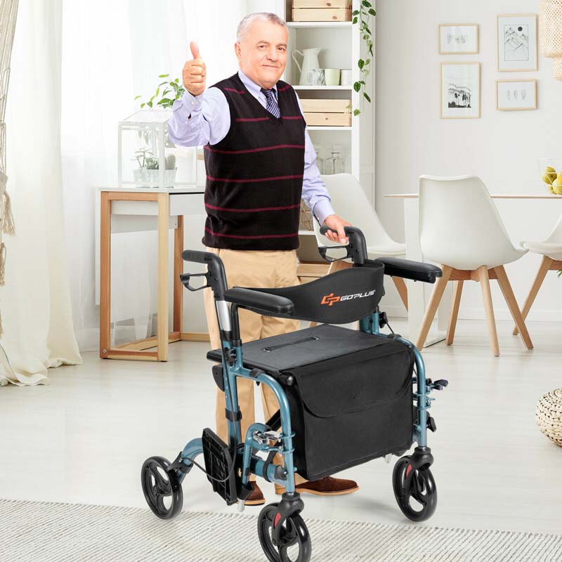 2-in-1 Rollator & Rollstuhl – Faltbare Gehhilfe mit Bremse, Rückenlehne & höhenverstellbarem Griff
