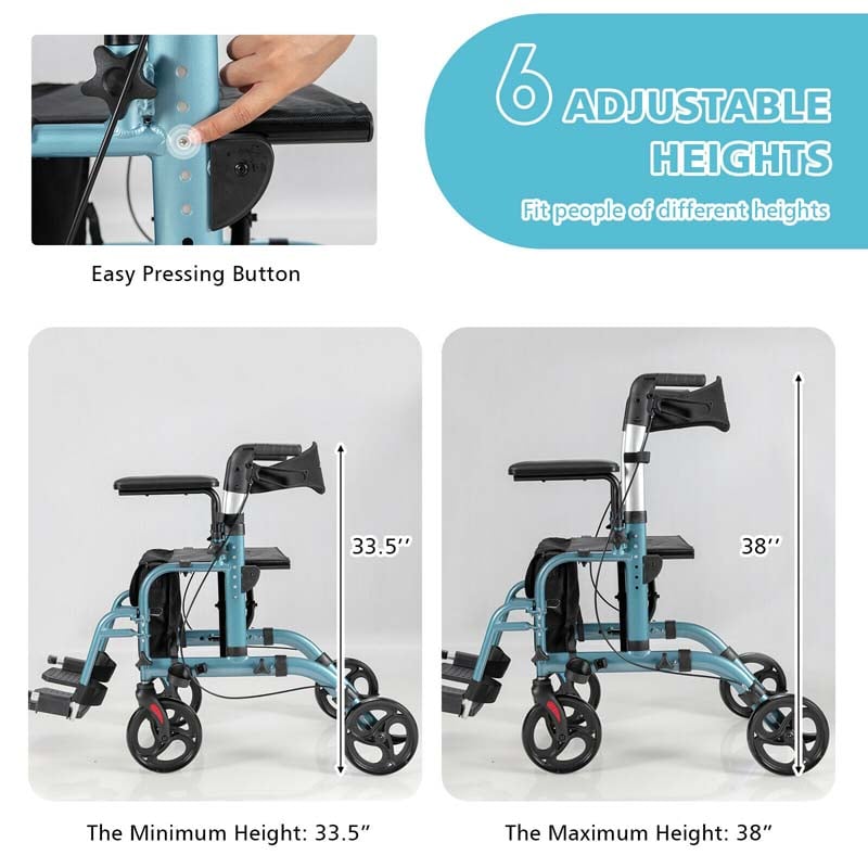 2-in-1 Rollator & Rollstuhl – Faltbare Gehhilfe mit Bremse, Rückenlehne & höhenverstellbarem Griff