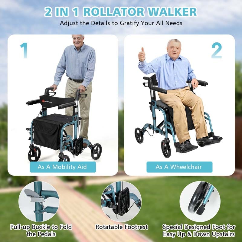 2-in-1 Rollator & Rollstuhl – Faltbare Gehhilfe mit Bremse, Rückenlehne & höhenverstellbarem Griff