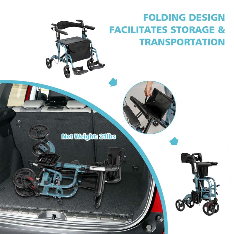 2-in-1 Rollator & Rollstuhl – Faltbare Gehhilfe mit Bremse, Rückenlehne & höhenverstellbarem Griff