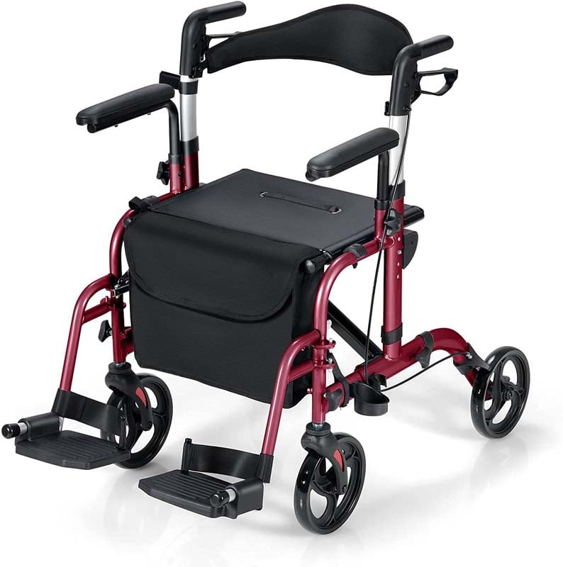 2-in-1 Rollator & Rollstuhl – Faltbare Gehhilfe mit Bremse, Rückenlehne & höhenverstellbarem Griff