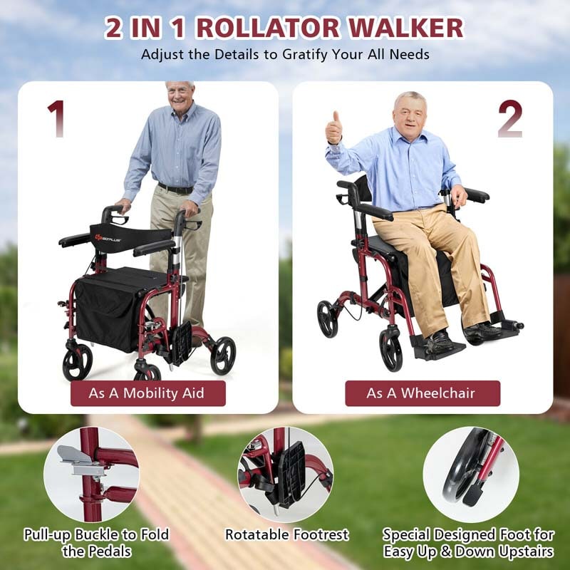 2-in-1 Rollator & Rollstuhl – Faltbare Gehhilfe mit Bremse, Rückenlehne & höhenverstellbarem Griff