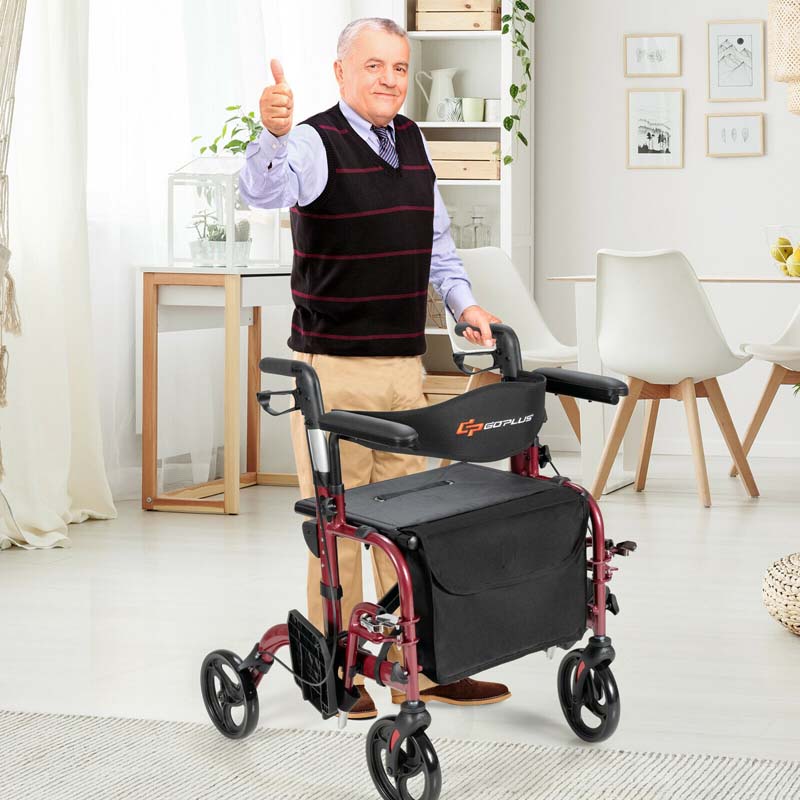 2-in-1 Rollator & Rollstuhl – Faltbare Gehhilfe mit Bremse, Rückenlehne & höhenverstellbarem Griff